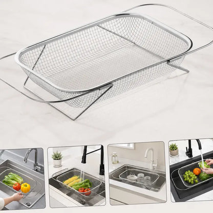 Stainless Steel Expandable Over-The-Sink Colander Strainer Basket, Rectangle Fine Mesh Kitchen Utensils with Handles, Silver Kitchen Essential Supplies, Kitchen Supplies