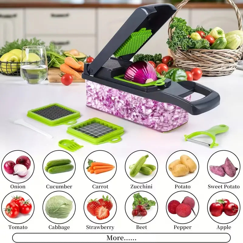 16-In-1 Vegetable Chopper, Professional Onion Chopper, Multifunctional Food Chopper, Kitchen Vegetable Slicer and Dicer, Vegetable Chopper with 8 Blades, Carrot Chopper with Container