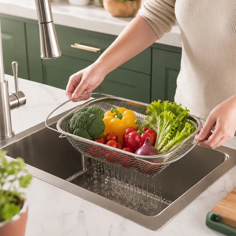 Stainless Steel Expandable Over-The-Sink Colander Strainer Basket, Rectangle Fine Mesh Kitchen Utensils with Handles, Silver Kitchen Essential Supplies, Kitchen Supplies
