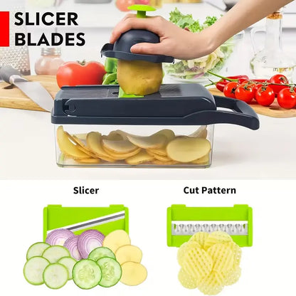 16-In-1 Vegetable Chopper, Professional Onion Chopper, Multifunctional Food Chopper, Kitchen Vegetable Slicer and Dicer, Vegetable Chopper with 8 Blades, Carrot Chopper with Container
