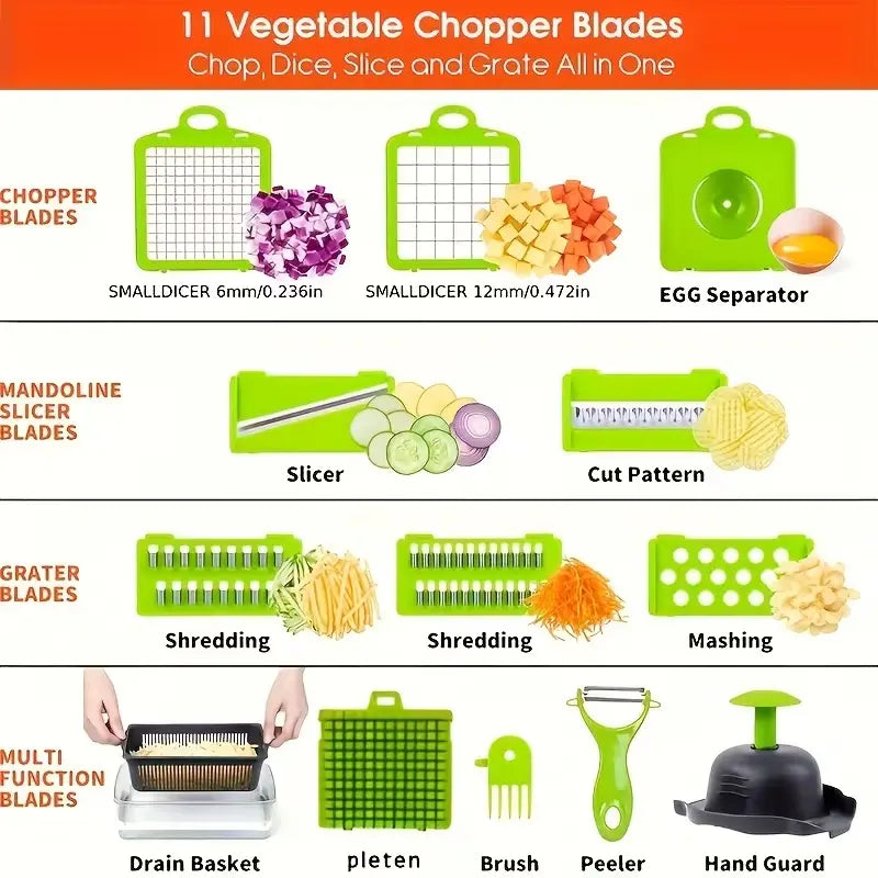 16-In-1 Vegetable Chopper, Professional Onion Chopper, Multifunctional Food Chopper, Kitchen Vegetable Slicer and Dicer, Vegetable Chopper with 8 Blades, Carrot Chopper with Container