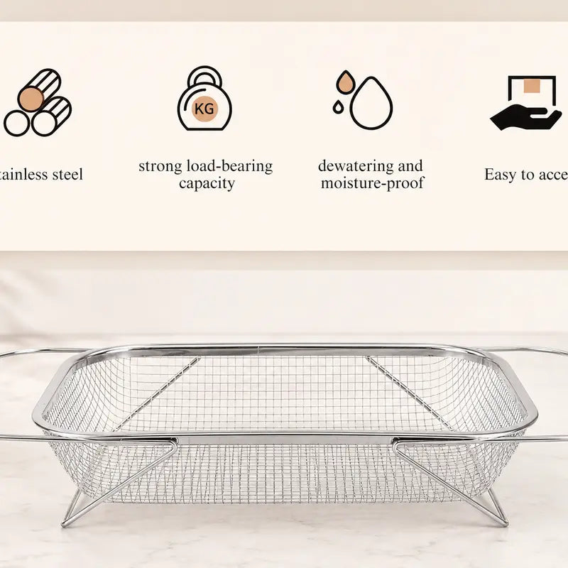 Stainless Steel Expandable Over-The-Sink Colander Strainer Basket, Rectangle Fine Mesh Kitchen Utensils with Handles, Silver Kitchen Essential Supplies, Kitchen Supplies