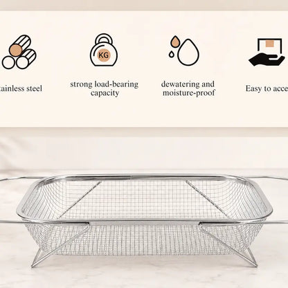 Stainless Steel Expandable Over-The-Sink Colander Strainer Basket, Rectangle Fine Mesh Kitchen Utensils with Handles, Silver Kitchen Essential Supplies, Kitchen Supplies