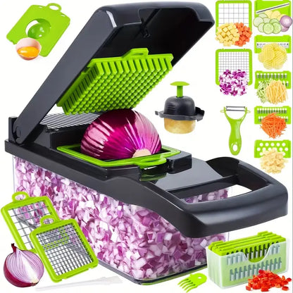 16-In-1 Vegetable Chopper, Professional Onion Chopper, Multifunctional Food Chopper, Kitchen Vegetable Slicer and Dicer, Vegetable Chopper with 8 Blades, Carrot Chopper with Container