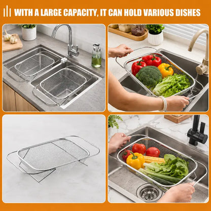 Stainless Steel Expandable Over-The-Sink Colander Strainer Basket, Rectangle Fine Mesh Kitchen Utensils with Handles, Silver Kitchen Essential Supplies, Kitchen Supplies